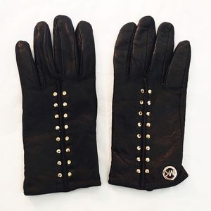Michael Kors Gold Studded Black Leather Gloves- Medium